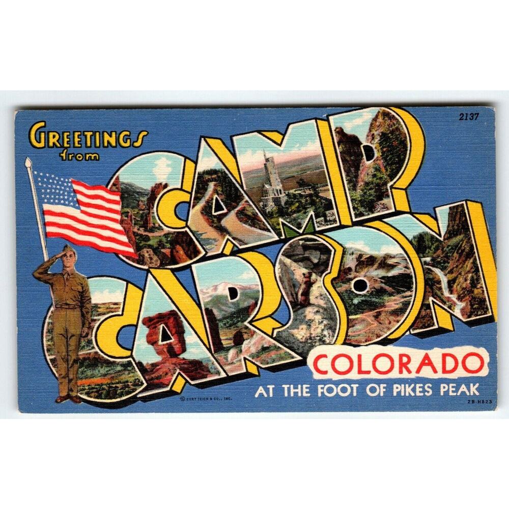 Greetings From Camp Carson Colorado Large Letter Linen Postcard Soldier US Flag